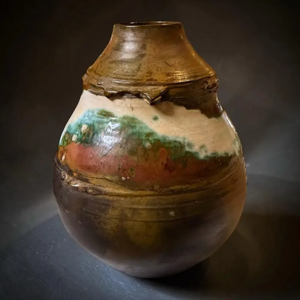 Artisan Ceramic Vase Handcrafted Fired Glazed Brown Cream Mint Green Signed